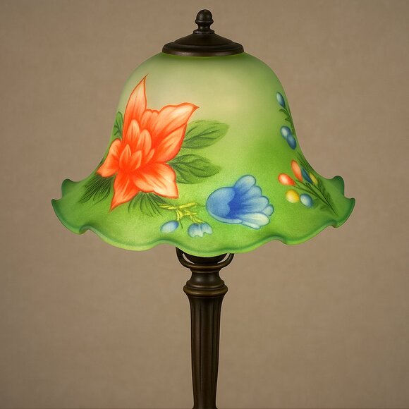 Other - Green Frosted Glass Lampshade With Floral Print Ruffled Edges Home Decor